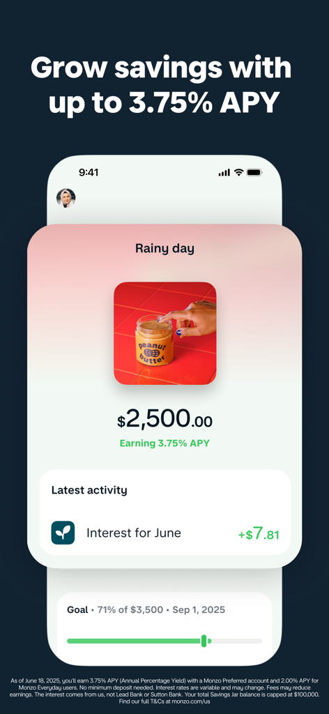Monzo - Mobile Banking - Interface do aplicativo Monzo mostrando uma jarrinha de economia para emergências com taxas de juros e acompanhamento de metas