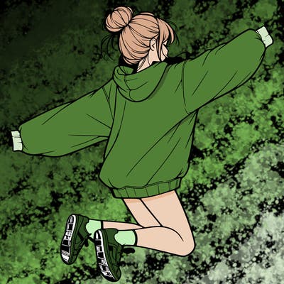 realistic girl jumping with a bun and oversized sweatshirt