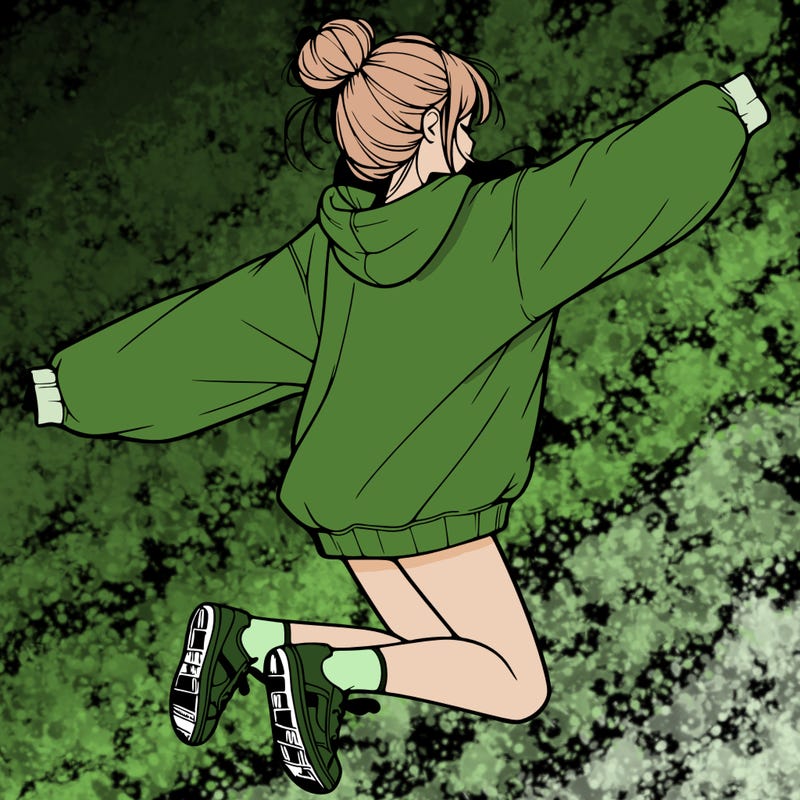 realistic girl jumping with a bun and oversized sweatshirt