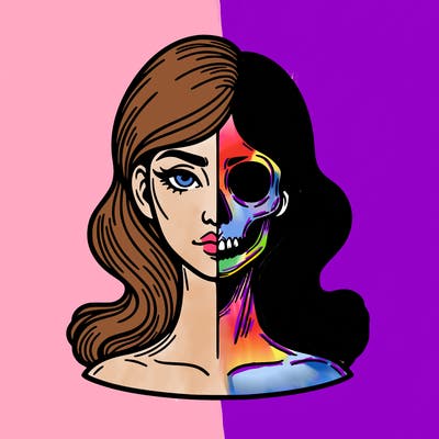 bust of a woman, half face and hair, half skull