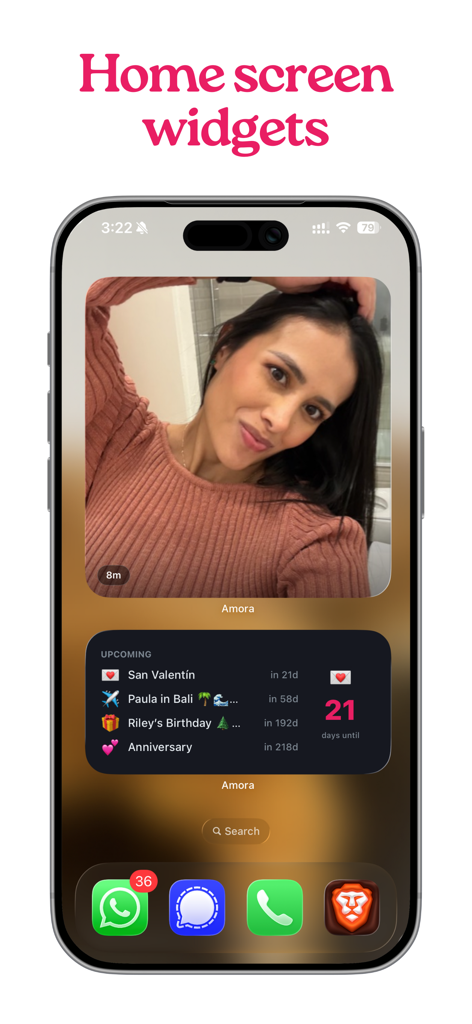 Amora: Couples & Relationship - iPhone home screen displaying Amora app widgets for partner photos and upcoming relationship events