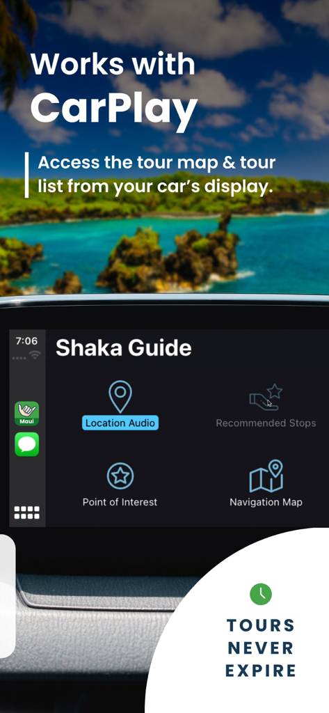 App-Oberfläche der Shaka Guide Maui Audiotour auf einem Armaturenbrett über Apple CarPlay.