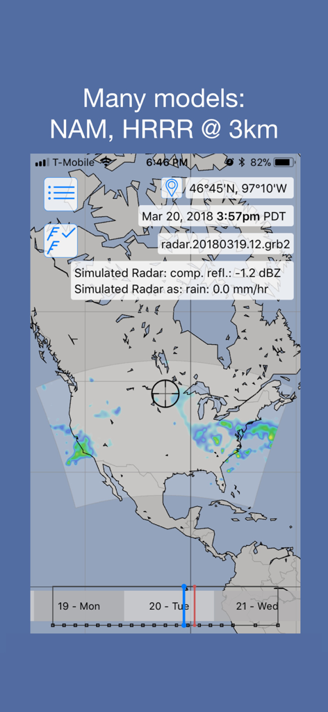 LuckGrib app displaying simulated radar weather data using high resolution NAM and HRRR models