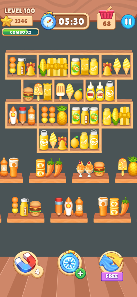 A gameplay screenshot of Match Goods Sorting Challenge showing realistic food and gift items organized on wooden shelves.