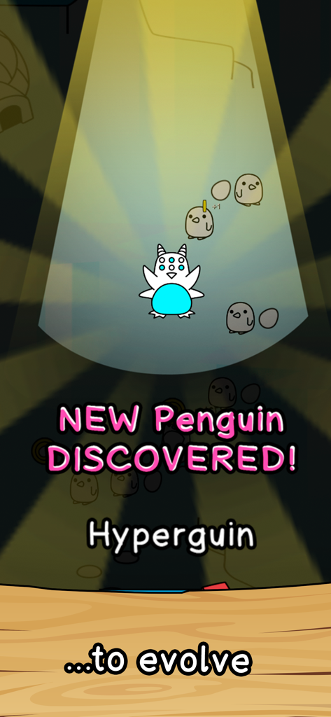 Penguin Merge Evolution - A game screenshot showing the discovery of a new character named Hyperguin under a spotlight in Penguin Merge Evolution
