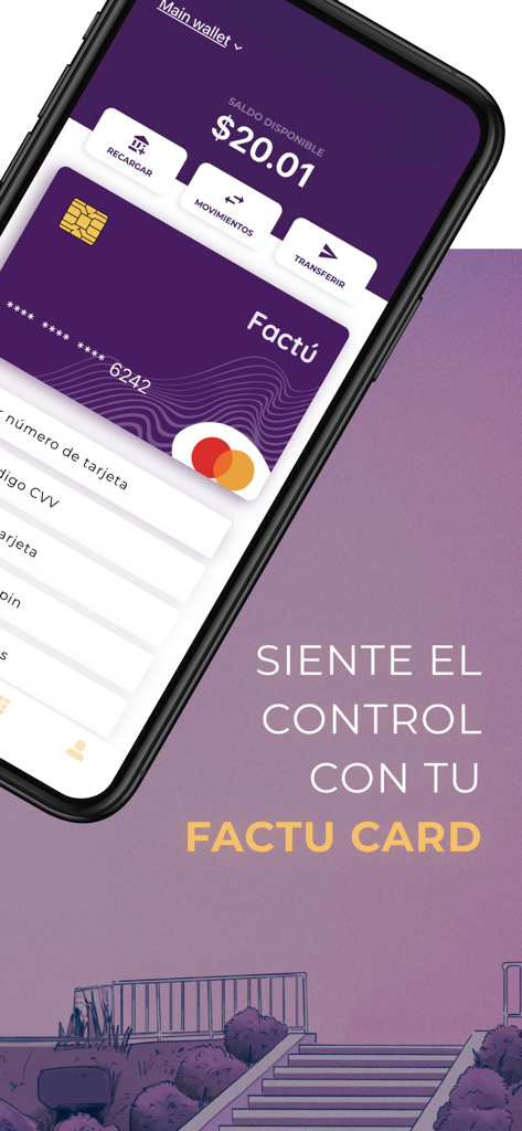 Factu - Bildschirm eines Mobiltelefons, der die digitale Wallet-Oberfläche von Factu und eine Markenkarte mit Guthabenanzeige zeigt