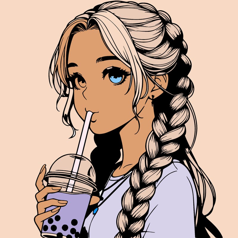 realistic girl with braided hair drinking boba