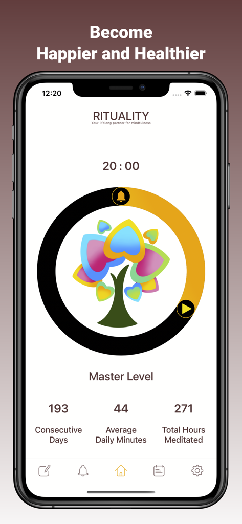Rituality: Meditation - Interface de l'application de méditation Rituality affichant le statut de niveau Maître et les statistiques de temps de méditation