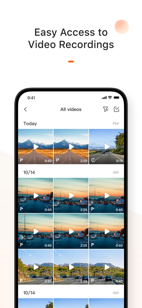 70mai (North America) - Screenshot of the 70mai North America app showing a gallery of dash cam video recordings organized by date.