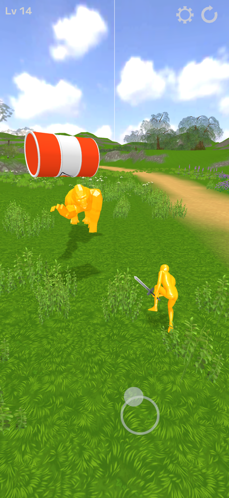 Orangefarbene Ragdoll-Figur hält ein Schwert in einem grasbewachsenen Feld, Level 14 von Ragdoll Blade