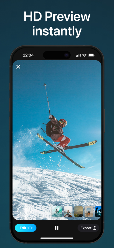 SnapCut: AI Video Editor Maker - SnapCut app interface displaying an HD instant preview of a skier with editing and export options