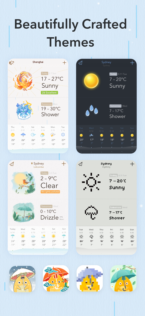 MyWeather - 15-Day Forecast - Screenshot showing four different artistic weather themes including pixel and dark modes.