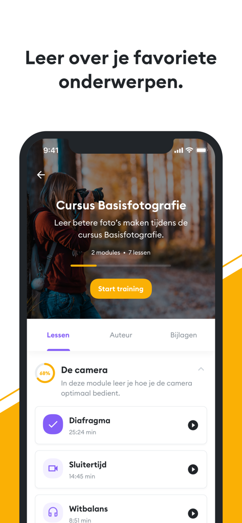 Huddle community & e-learning - Smartphone display of the Huddle app showing a photography course overview with lesson modules for aperture and shutter speed
