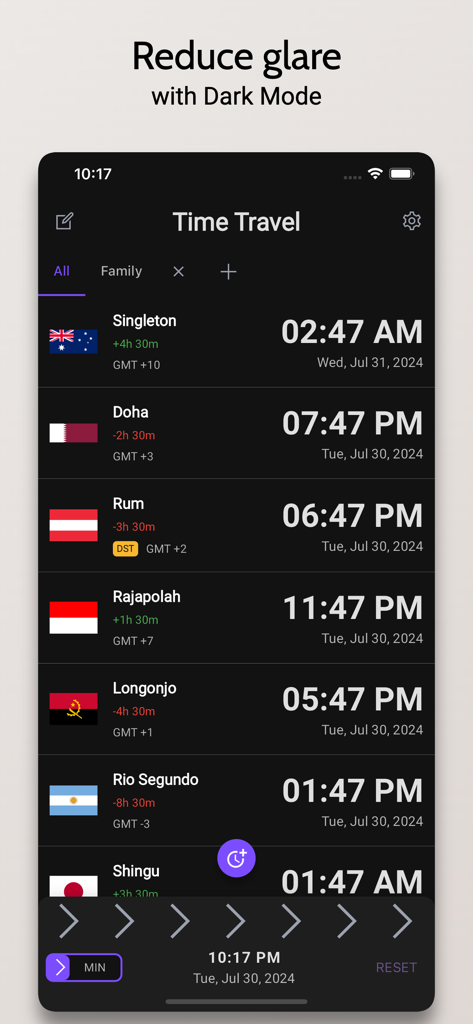 Interfaz de la aplicación Time Travel en modo oscuro que muestra una lista de zonas horarias globales y un control deslizante de tiempo interactivo.