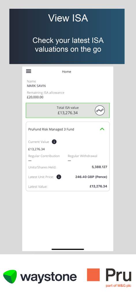 Prudential ISA Mobile - Home screen of the Prudential ISA Mobile app displaying account valuation and remaining tax allowance