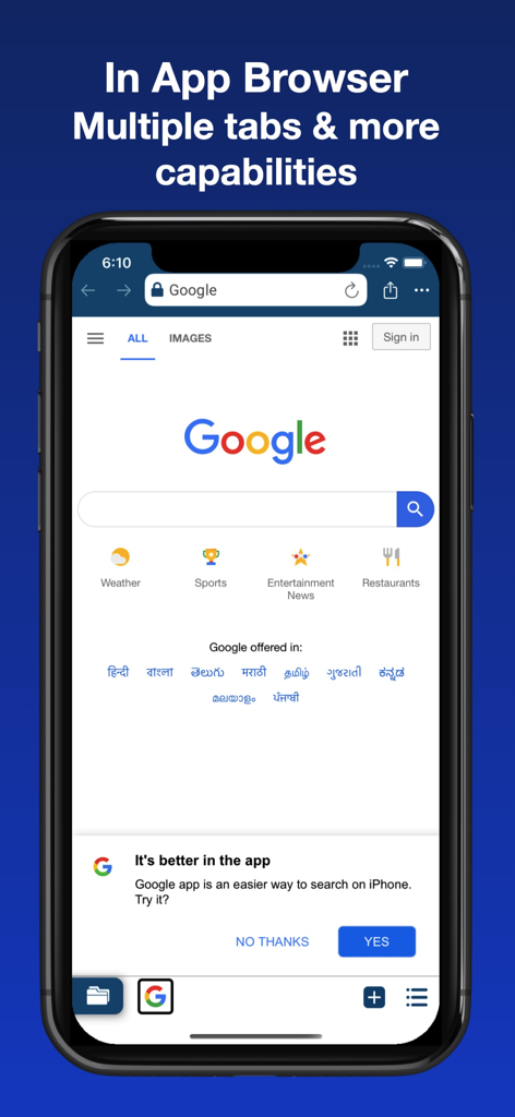 Vault : Lock Photos & Videos - Screenshot of the Vault app showing its private in-app browser with multiple tabs and Google search