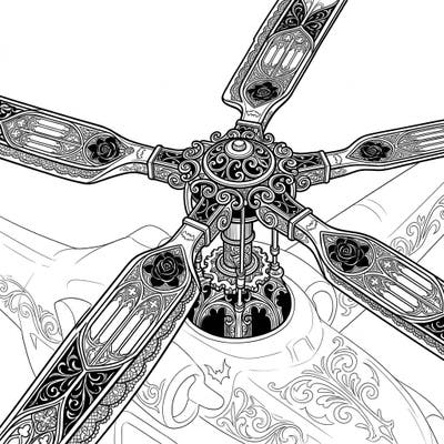 Prepare to be captivated by this extraordinary coloring page featuring majestic helicopter rotors infused with rich Gothic detailing. Dive into a world of intricate patterns, elegant filigree, and dark romance as you bring this unique design to life.