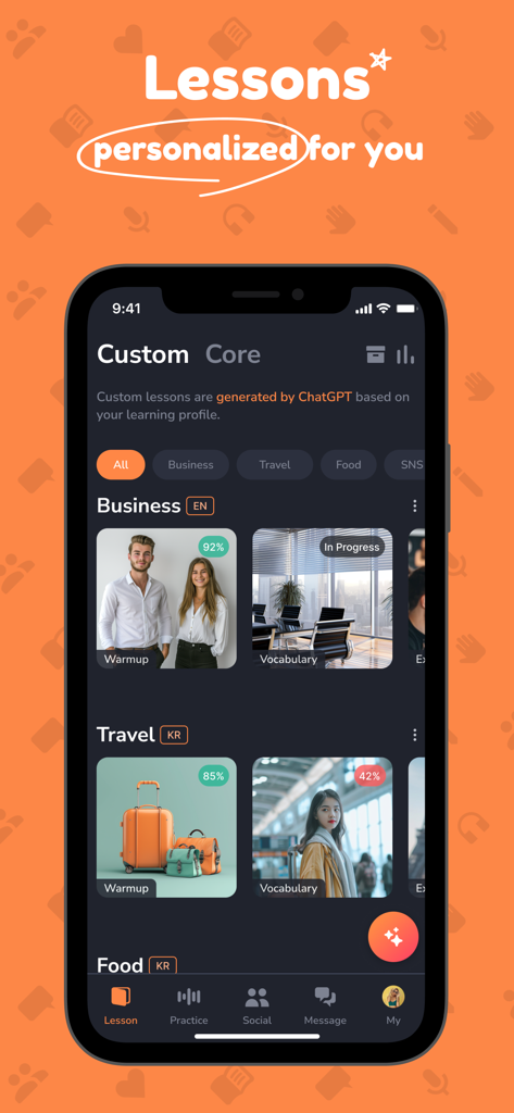 Hilokal app screenshot showing personalized language lessons for business and travel