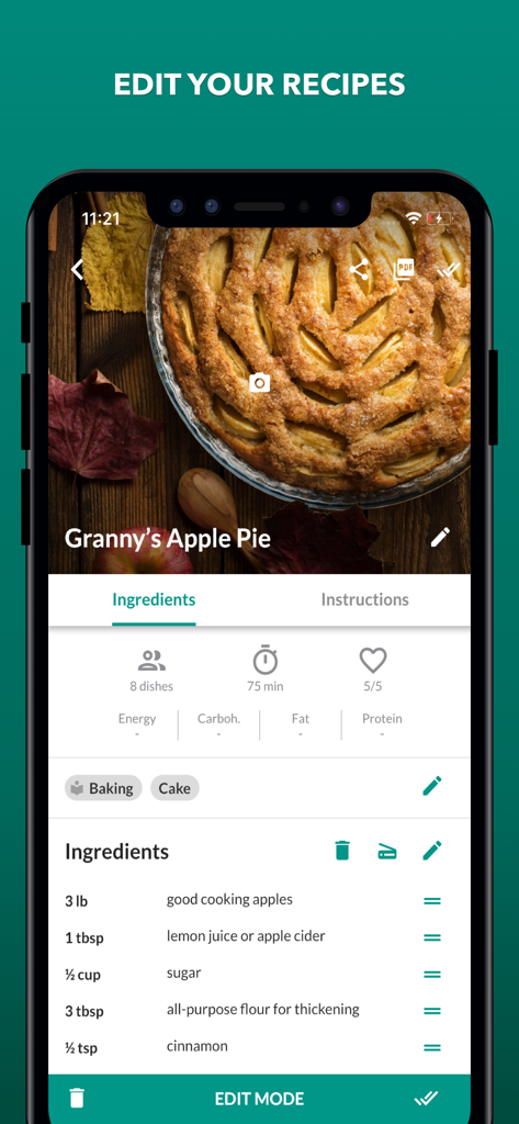 körbchen | Recipe Manager - körbchenアプリでアップルパイのレシピの材料リストを編集しています