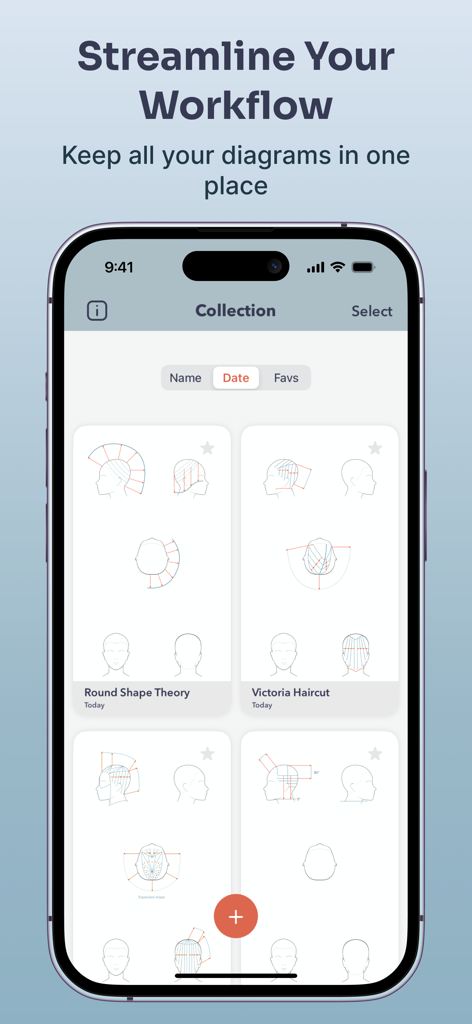 Hairtechapp - Cutting Diagrams - Una interfaz de aplicación móvil que muestra una colección de diagramas técnicos de corte de cabello para estilistas profesionales.