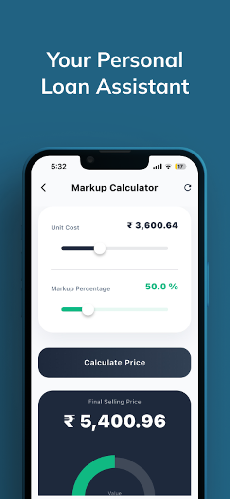Instant Loan Calc : Planner - Una pantalla de calculadora de marcado de la aplicación Calculadora de Préstamos Instantáneos mostrando cálculos del costo unitario y el precio de venta final