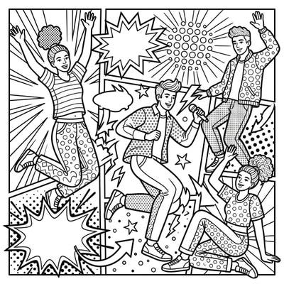Celebrate with this dynamic Pop Art coloring page featuring energetic figurative art. Bursting with comic-style elements, it's perfect for bringing bold colors to life.