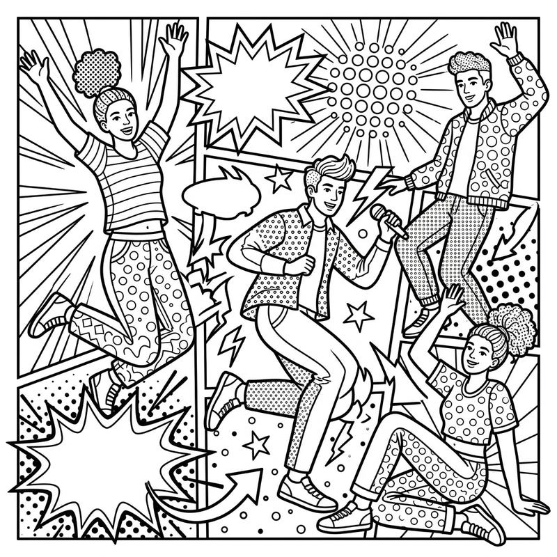 Celebrate with this dynamic Pop Art coloring page featuring energetic figurative art. Bursting with comic-style elements, it's perfect for bringing bold colors to life.