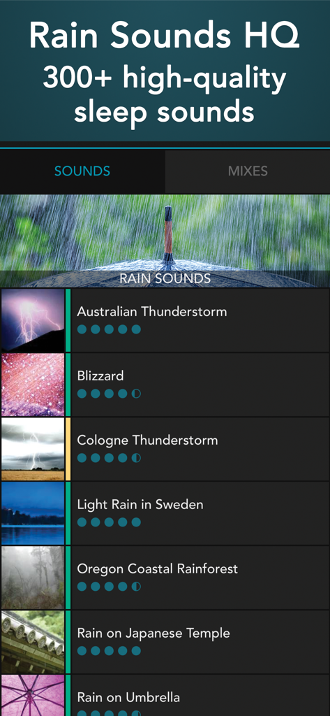 Rain Sounds HQ: sleep aid - Interfaz de la aplicación Rain Sounds HQ que muestra una lista de sonidos de alta calidad para dormir, como tormentas eléctricas y lluvia ligera