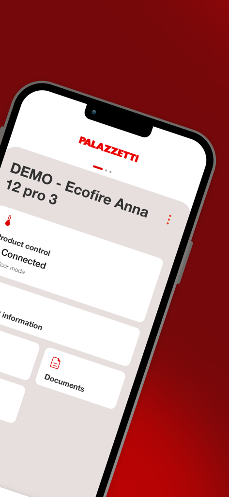 Palazzetti - Manage your stove - Palazzetti app interface for controlling a smart stove showing connectivity status and documents