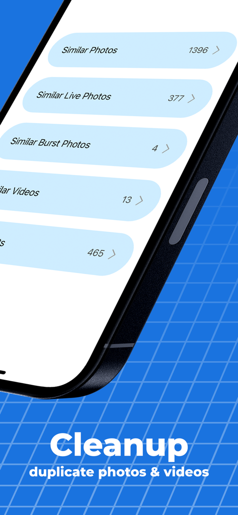 Tela do aplicativo Cleanup AZ exibindo categorias para remover fotos e vídeos semelhantes