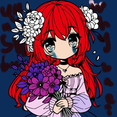 cute anime girl with holding flowers