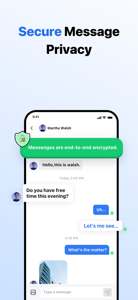 Duo Messenger chat interface displaying end-to-end encryption notification and secure message privacy title