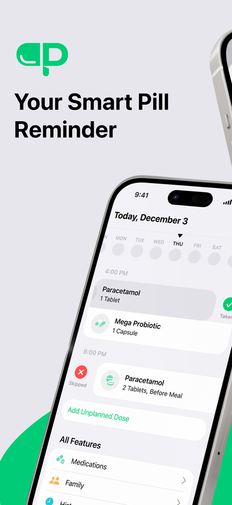 Pill Reminder for Family - Interface do aplicativo Pill Plan em um iPhone mostrando um cronograma diário de medicação com rastreamento de doses tomadas e puladas