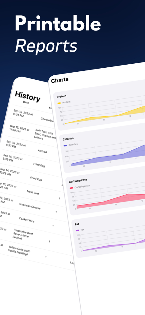 Sodium Tracker Plus app screens showing food history log and nutrition charts for printable medical reports