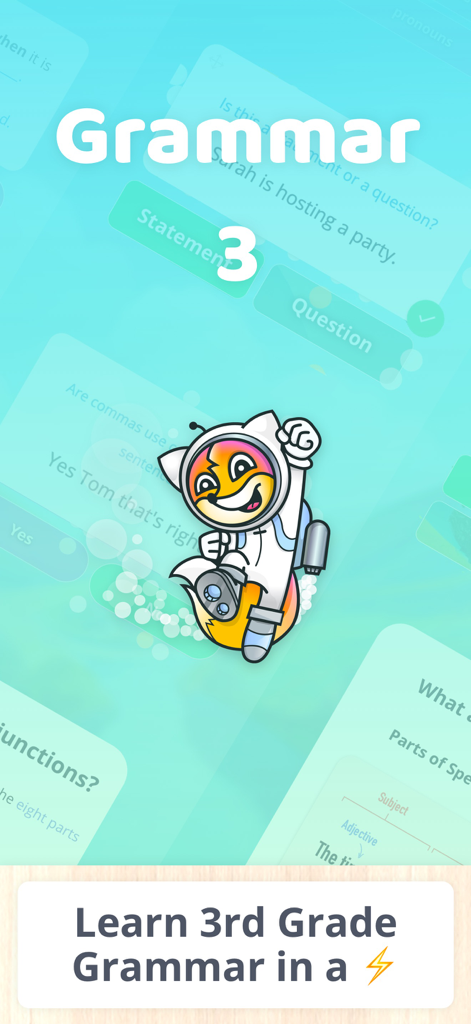 Learn Grammar 3rd Grade - Welcome screen for Learn Grammar 3rd Grade app featuring a cartoon astronaut fox and lesson cards.