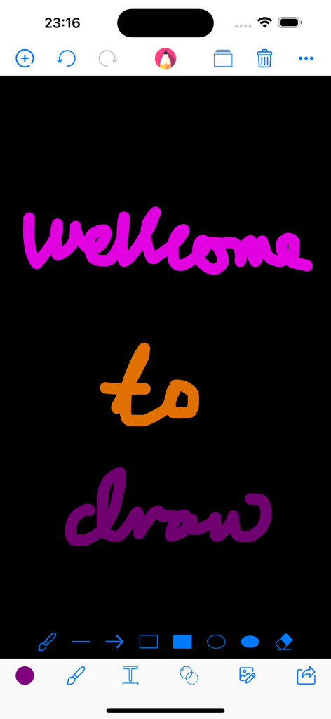 Draw Board on whiteboard pad - Una interfaz de aplicación de dibujo digital que muestra un lienzo negro con texto manuscrito colorido y herramientas de dibujo en la parte superior e inferior.