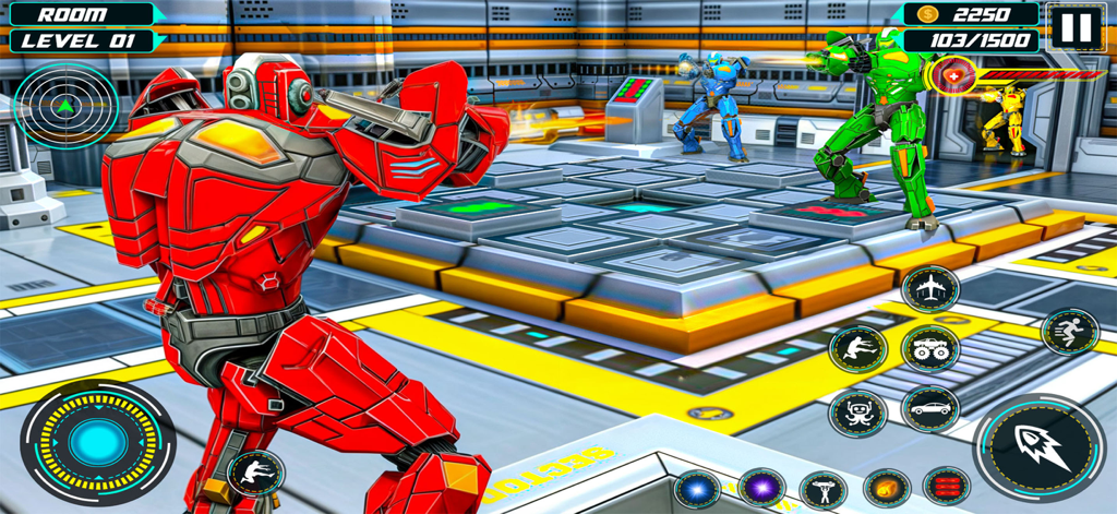 Robot Battle X-Rescue Bots War - Un guerrero robot rojo de pie en una arena de combate futurista durante el juego