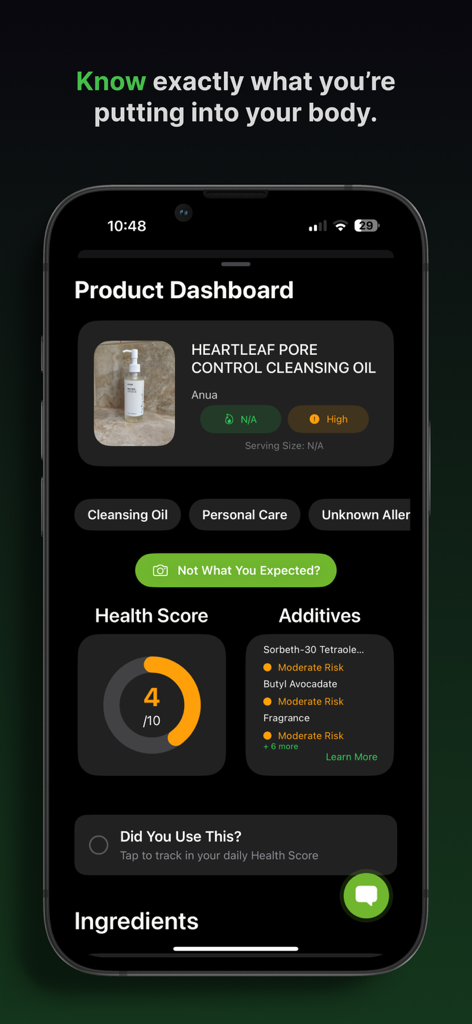 Nutrify AI - Scan Any Product - Nutrify AI app dashboard showing the health score and ingredient risks for a skincare cleansing oil