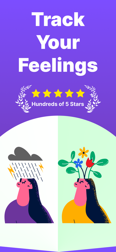Uma ilustração mostrando uma transição de um humor tempestuoso para um estado positivo florescente com o texto 'Track Your Feelings'.