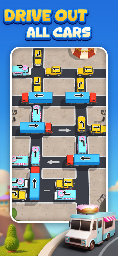 Road Hustle:Tap, Solve, Escape - A top-down 3D view of a traffic jam puzzle game where players move colorful cars and trucks to clear the road.