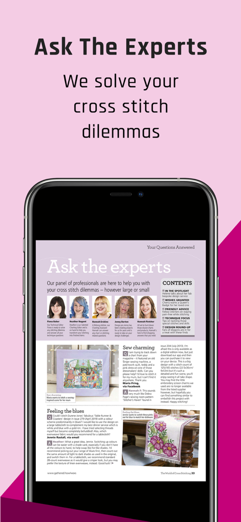 Tela Pergunte aos Especialistas no aplicativo de ponto cruz apresentando conselhos de artesanato profissional