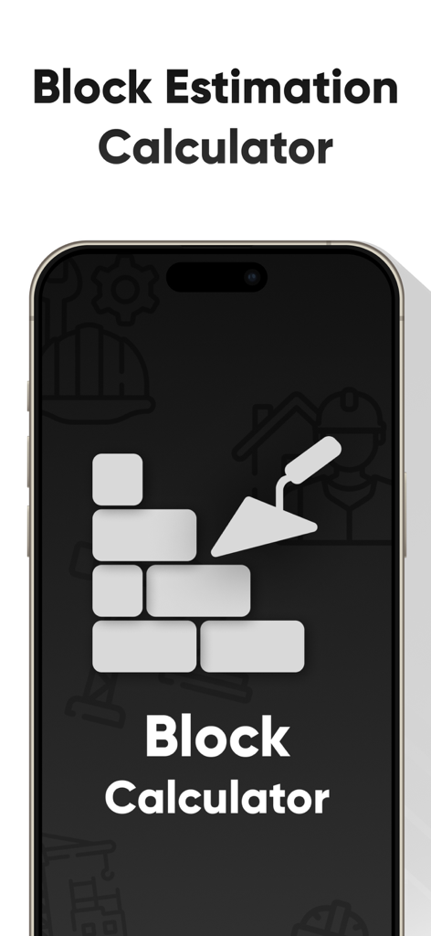 Block Calculators app splash screen on a mobile device showing masonry icons