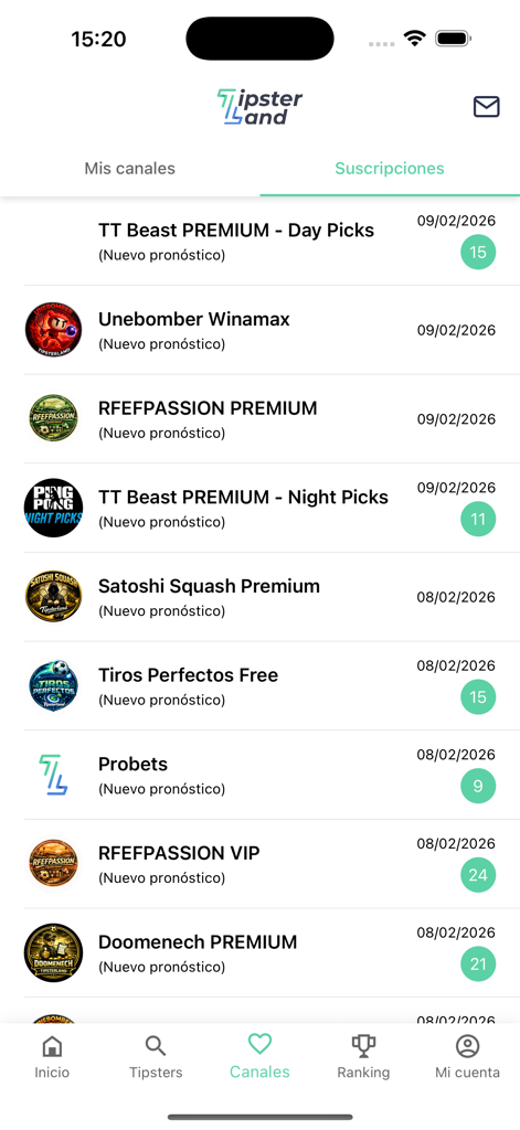 Tipsterland - Apuestas - Eine Liste von abonnierten Sportwetten-Tipster-Kanälen innerhalb der Tipsterland Mobile App