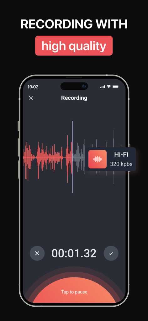 Audio Recorder & Voice To Text - AudiSum app interface displaying a high quality voice recording with audio waveform