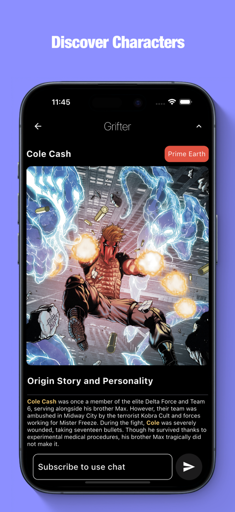 Tabi Comic Collection - Tabi app character profile for Grifter showing origin story and personality information