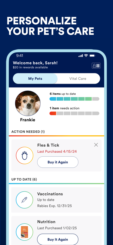 Petco: The Pet Parents Partner - Captura de tela da interface do aplicativo Petco exibindo um painel de saúde personalizado para pets com barras de status para vacinação e cuidados contra pulgas e carrapatos.