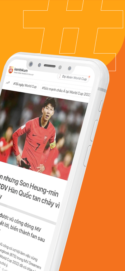 Kenh14.vn: Tin tức giới trẻ - Kenh14-App zeigt Sportnachrichten über die Weltmeisterschaft auf einem Smartphone-Bildschirm