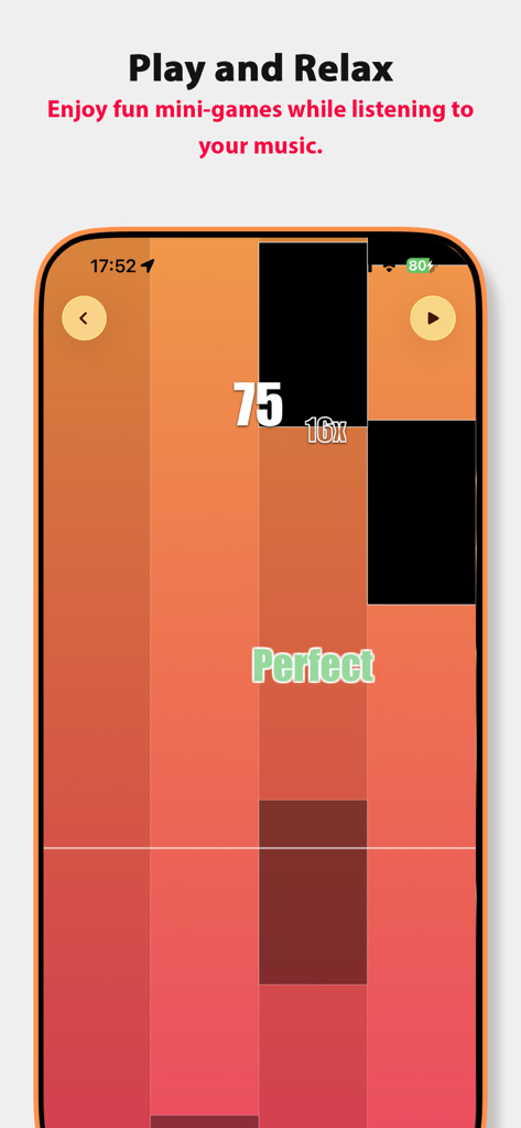 Music IR app rhythm mini game interface with falling tiles and player score