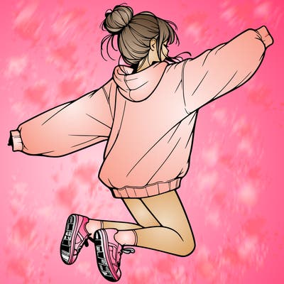realistic girl jumping with a bun and oversized sweatshirt