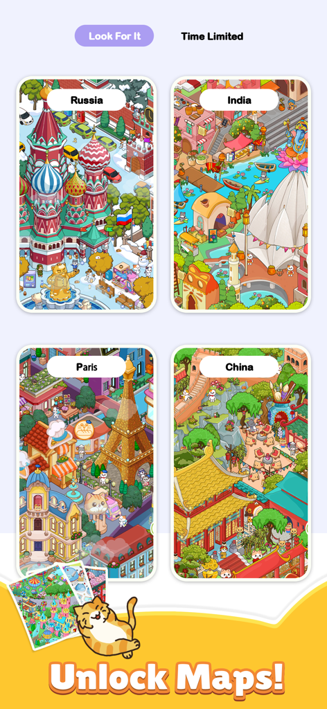 Find My Cat Out: Hidden Object - Uma tela de menu do aplicativo Encontre Meu Gato Fora exibindo mapas de objetos escondidos desbloqueáveis para Rússia, Índia, Paris e China com um gato fofo de desenho animado.